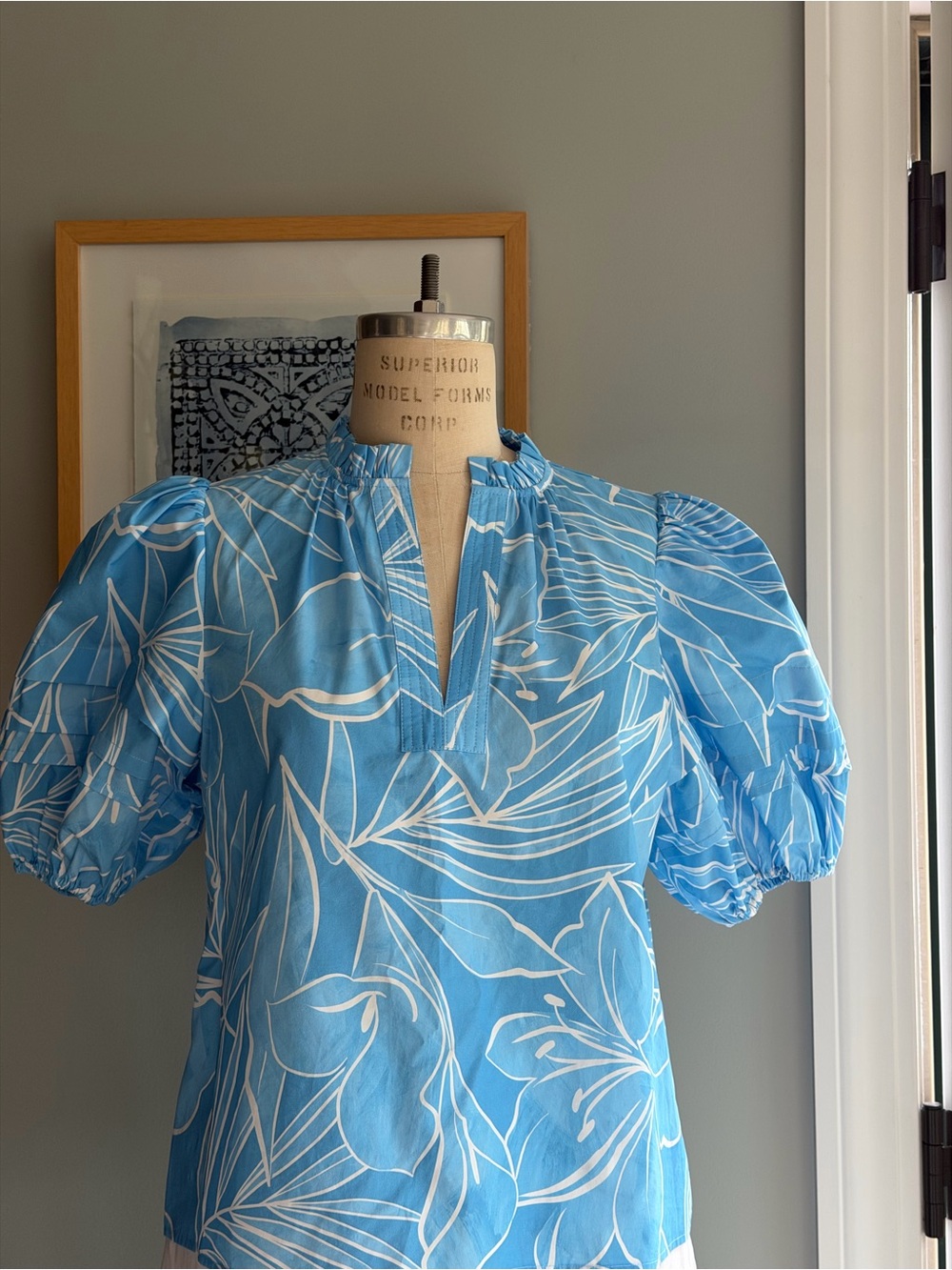 Laroque French Blue and White Blouse with Puff Sleeves XS